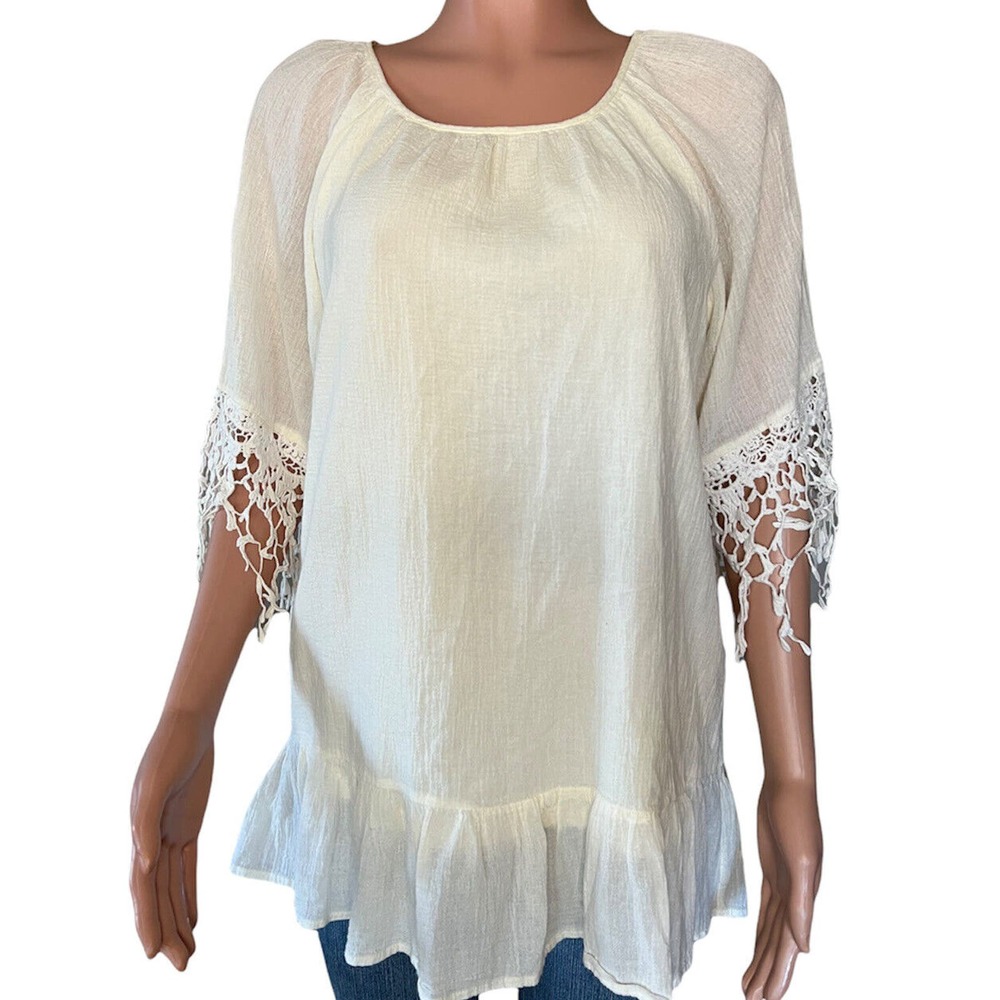 Umgee Shirt Womens Small Ivory Crochet Short Sleeve Round Neck Tunic Pullover